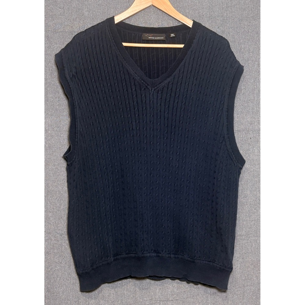 Greg Norman Navy Blue Cable‎ Knit Golf Sweater Vest Mens XL 100% Cotton V-Neck